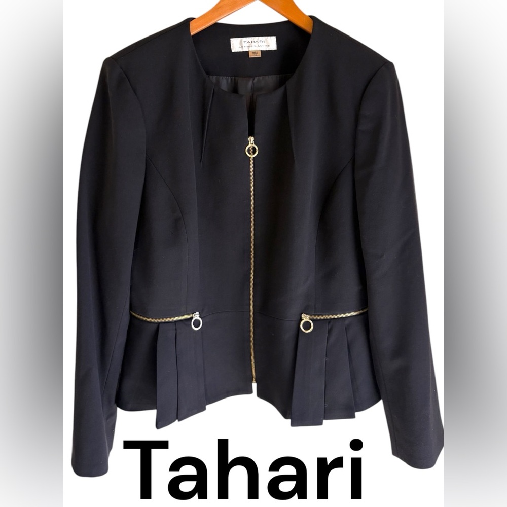 Tahari ASL-Size 14 chic black peplum blazer/gold zippers. Like new preowned!!!